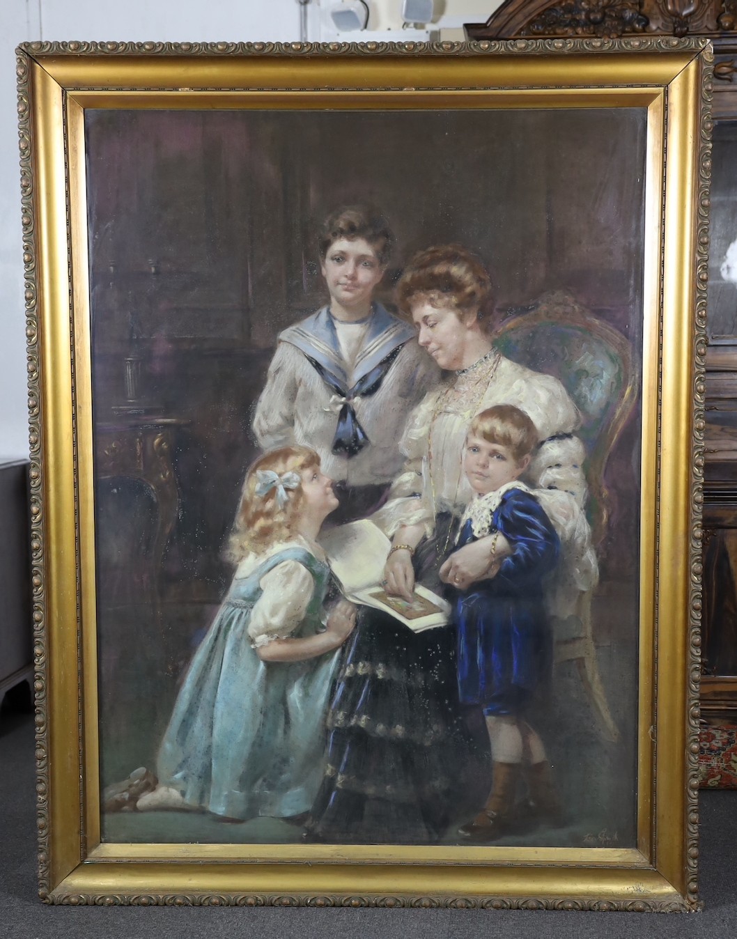 Leon Sprinck (fl. 1862-1948), pastel, Family portrait of mother and children, signed, 155 x 115cm